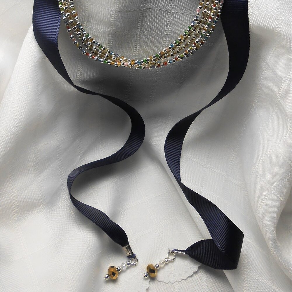 Handmade ribbon necklace with 3mm glass and metal beads - No. 724